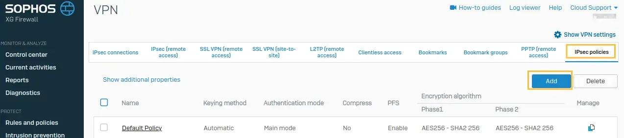 setup site-to-site tunnel with Sophos XG firewall IPsec policies