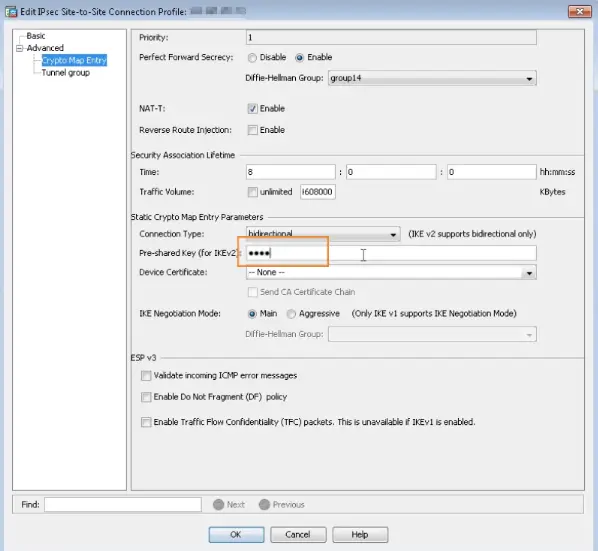 Set up site-to-site tunnel with Cisco ASA key in the pre-shared key