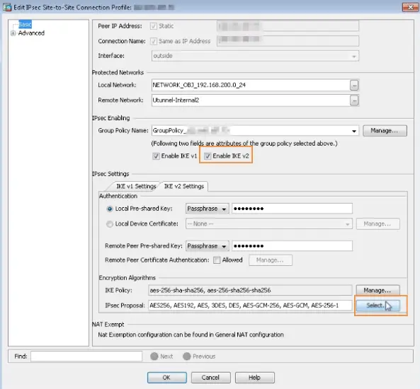 Set up site-to-site tunnel with Cisco ASA fill out connection profile