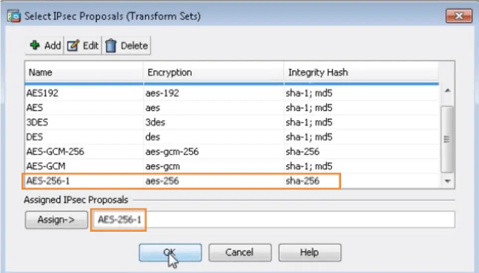 Set up site-to-site tunnel with Cisco ASA select AES-256-1