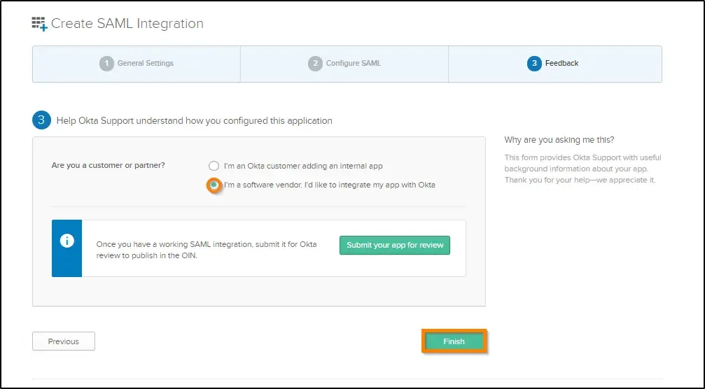 How to enable SSO and use Okta as identity provider provide feedback and click on Finish