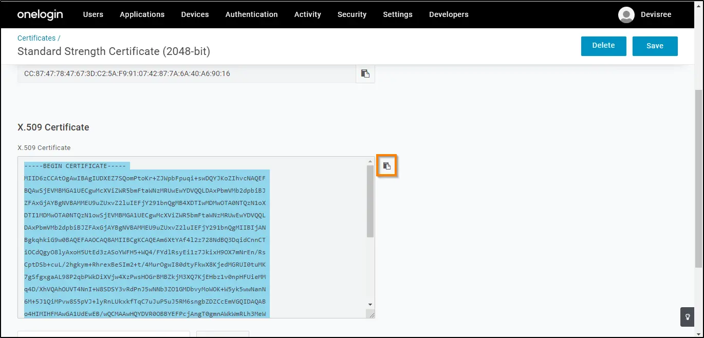 How to enable SSO and integrate with OneLogin copy the X.509 Certificate