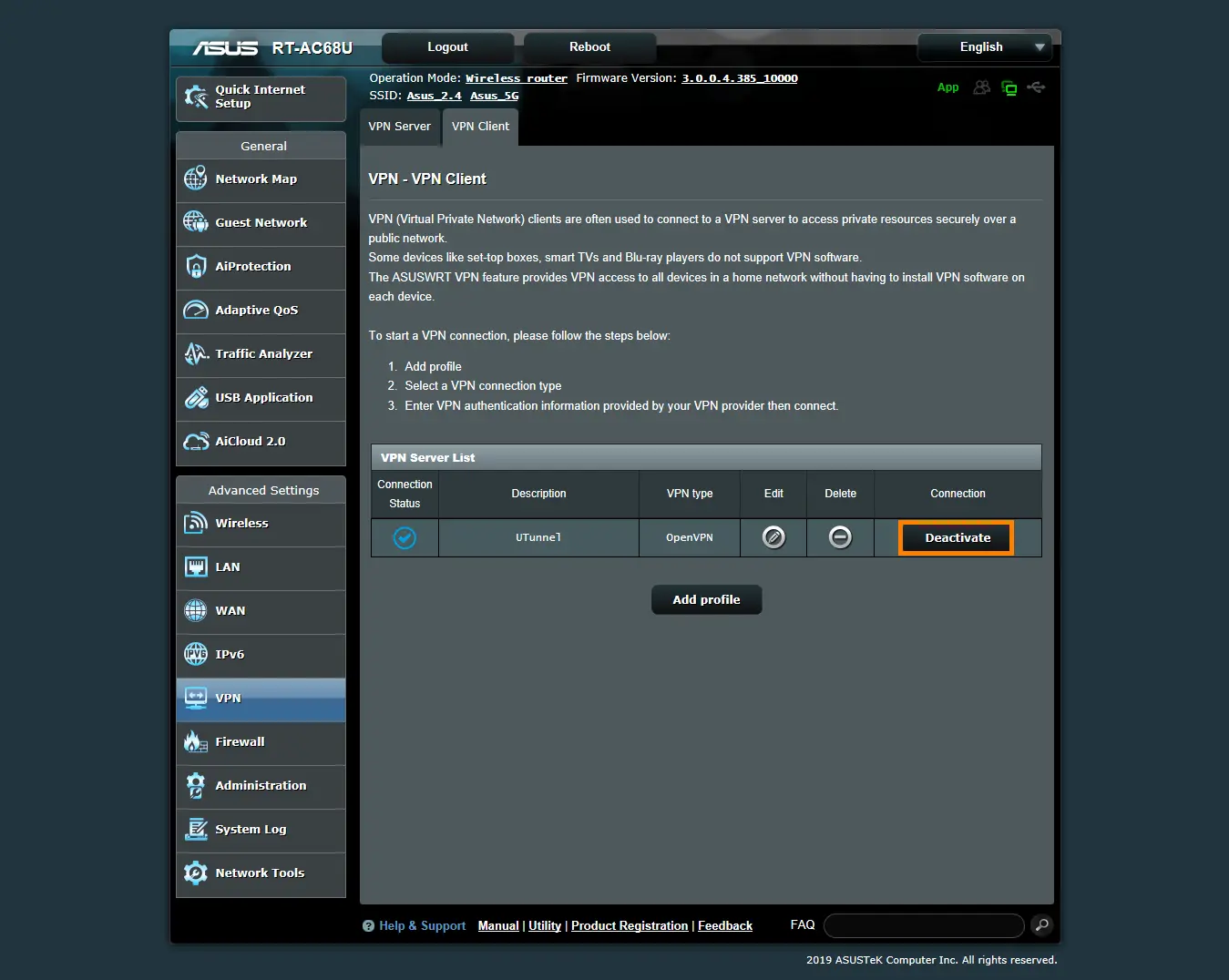 configure vpn on asus rt router disconnect vpn