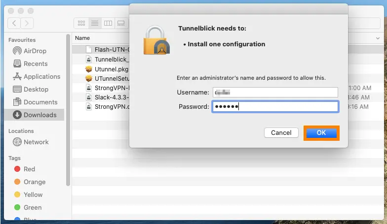 openvpn with tunnelblick in macos enter admin username password