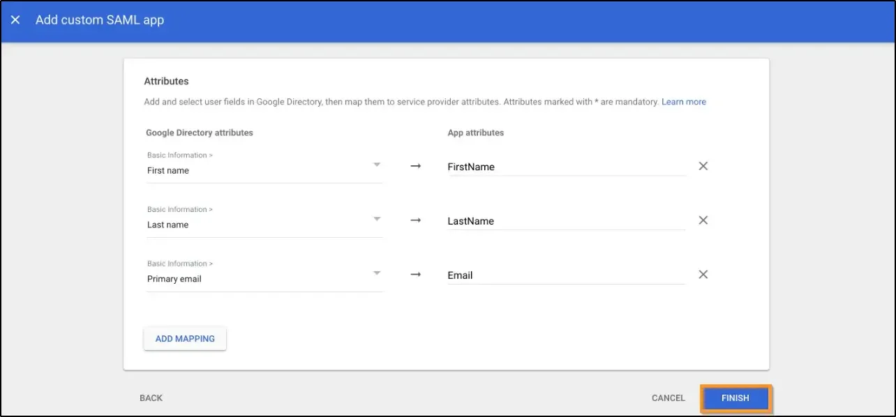 How to enable SSO and use G Suite as identity provider configure SAML attributes and click finish