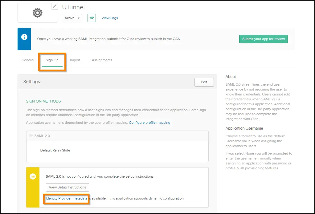 How to enable SSO and use Okta as identity provider find identity provider metadata below Sign On Methods