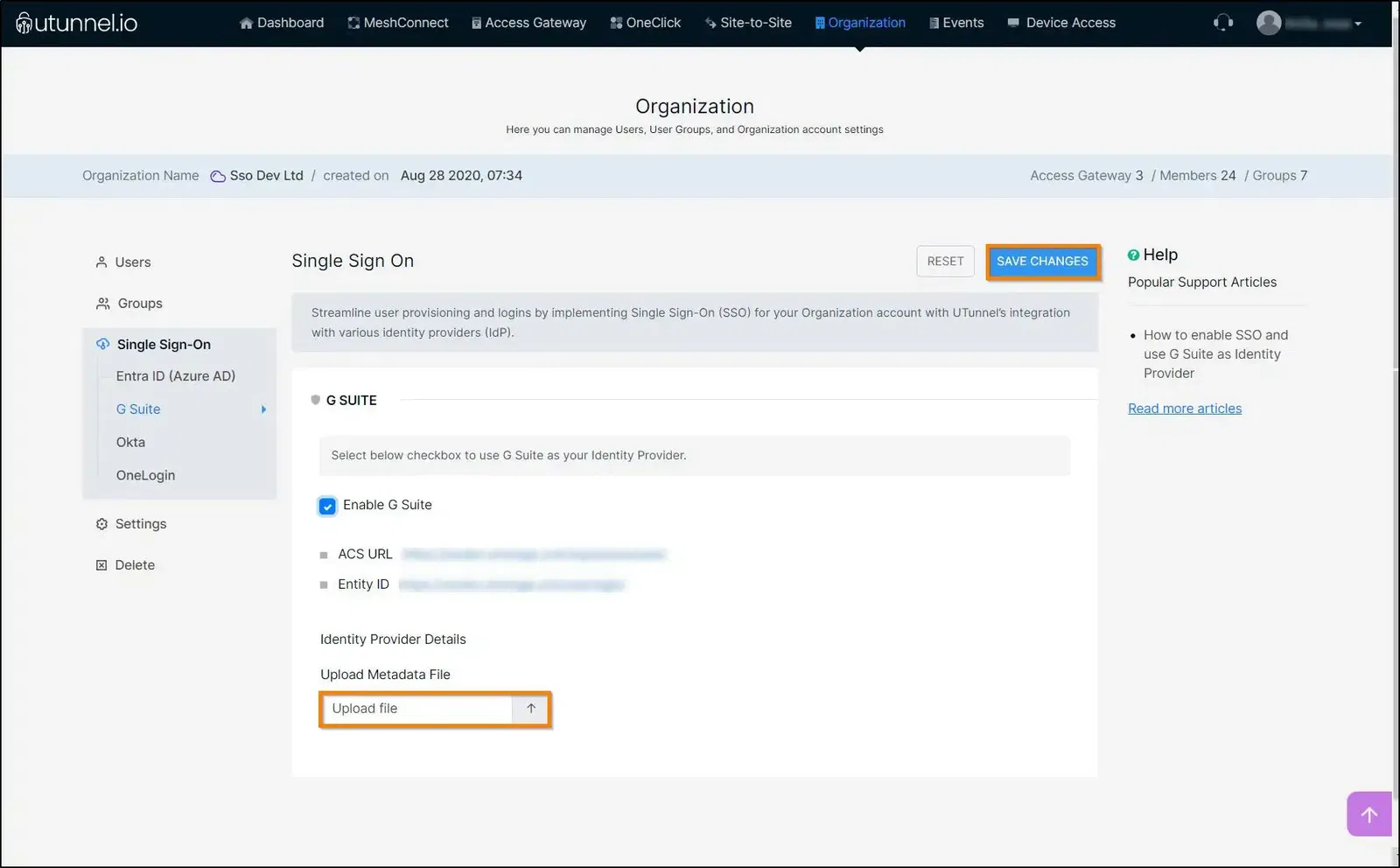 How to enable SSO and use G Suite as identity provider upload metadata in the UTunnel