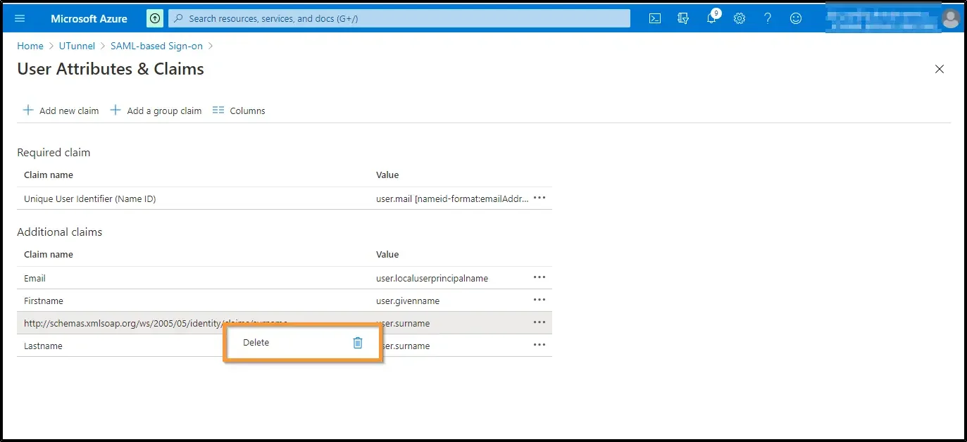 How to enable SSO and use Azure AD as identity provider delete the fourth additional attribute