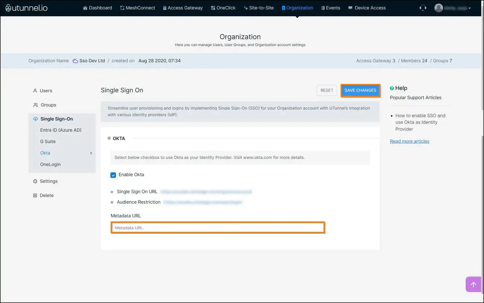 How to enable SSO and use Okta as identity provider paste metadata in the UTunnel and click Save Changes