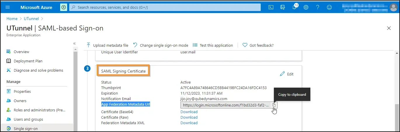How to enable SSO and use Azure AD as identity provider copy App Federation Metadata Url
