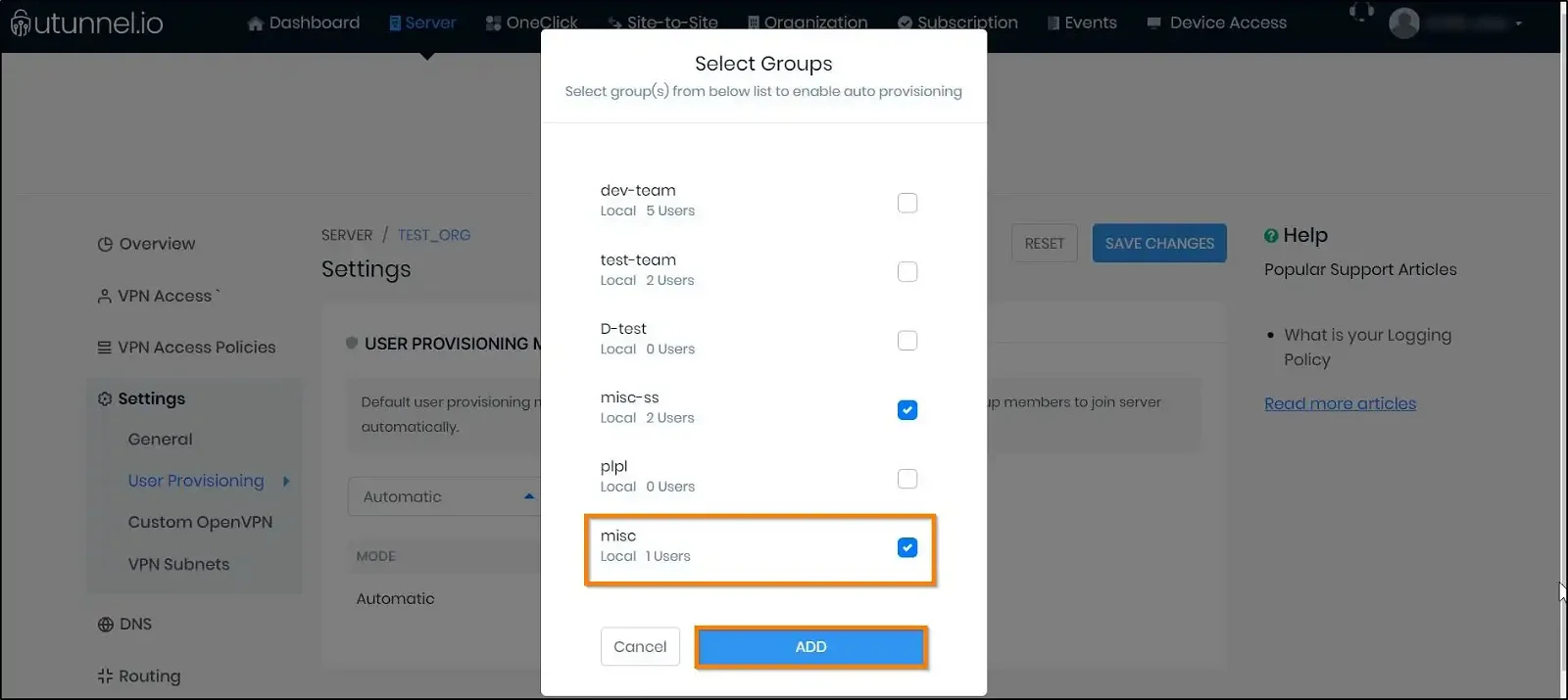 How to enable user provisioning on a server select groups