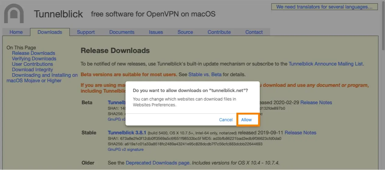 openvpn with tunnelblick in macos download confirmation