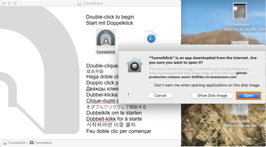 openvpn with tunnelblick in macos open dialog