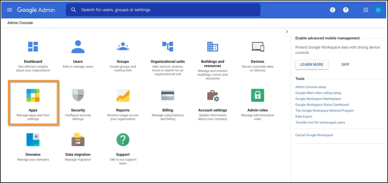 How to enable SSO and use G Suite as identity provider navigate to Apps in the Admin Console