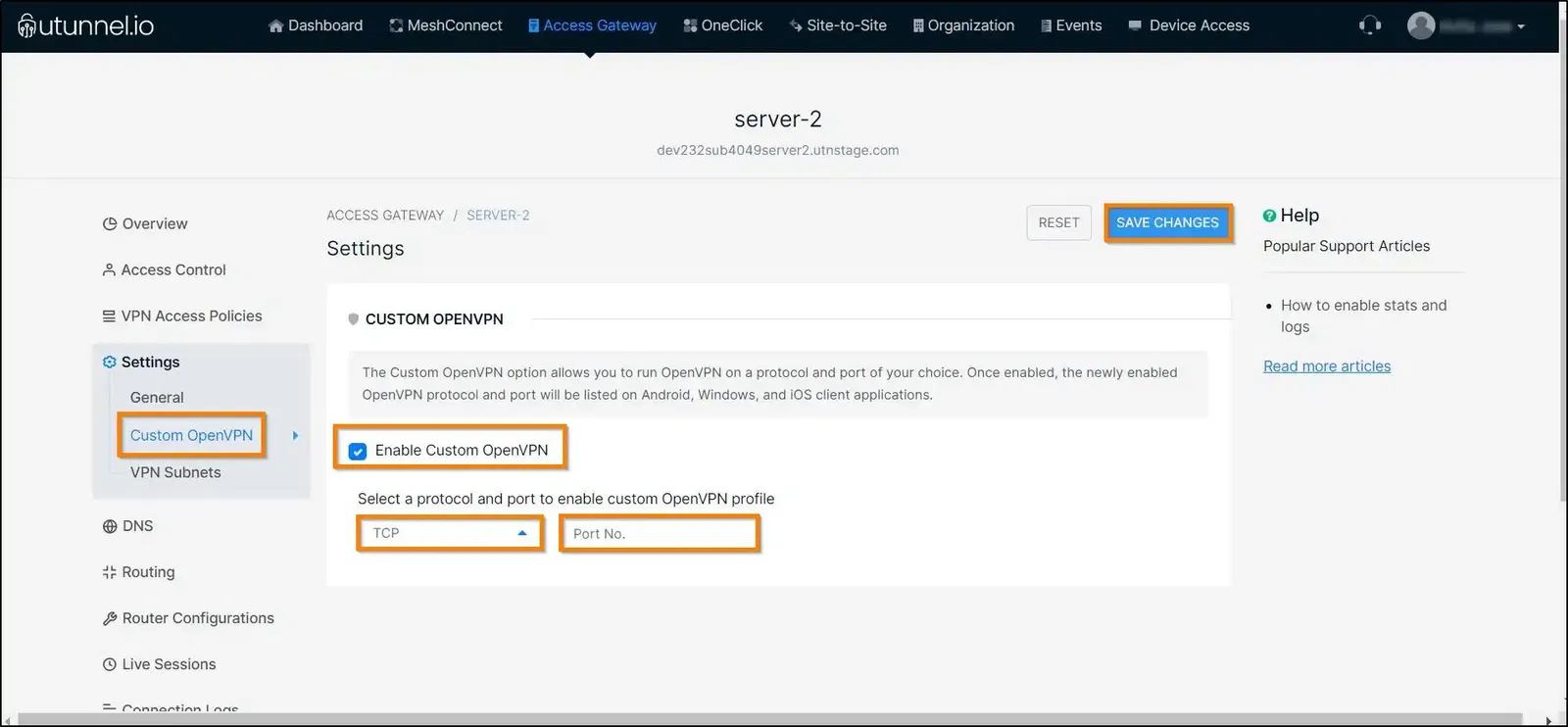 openvpn custom protocol port settings page