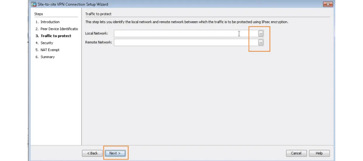 Set up site-to-site tunnel with Cisco ASA configure remote network and local network fields