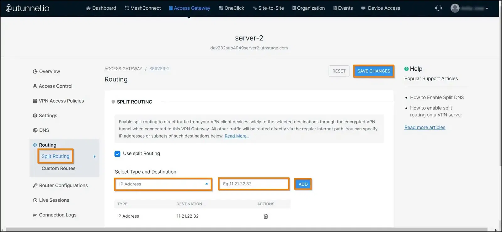 How to enable split routing on a VPN server configure split routing settings