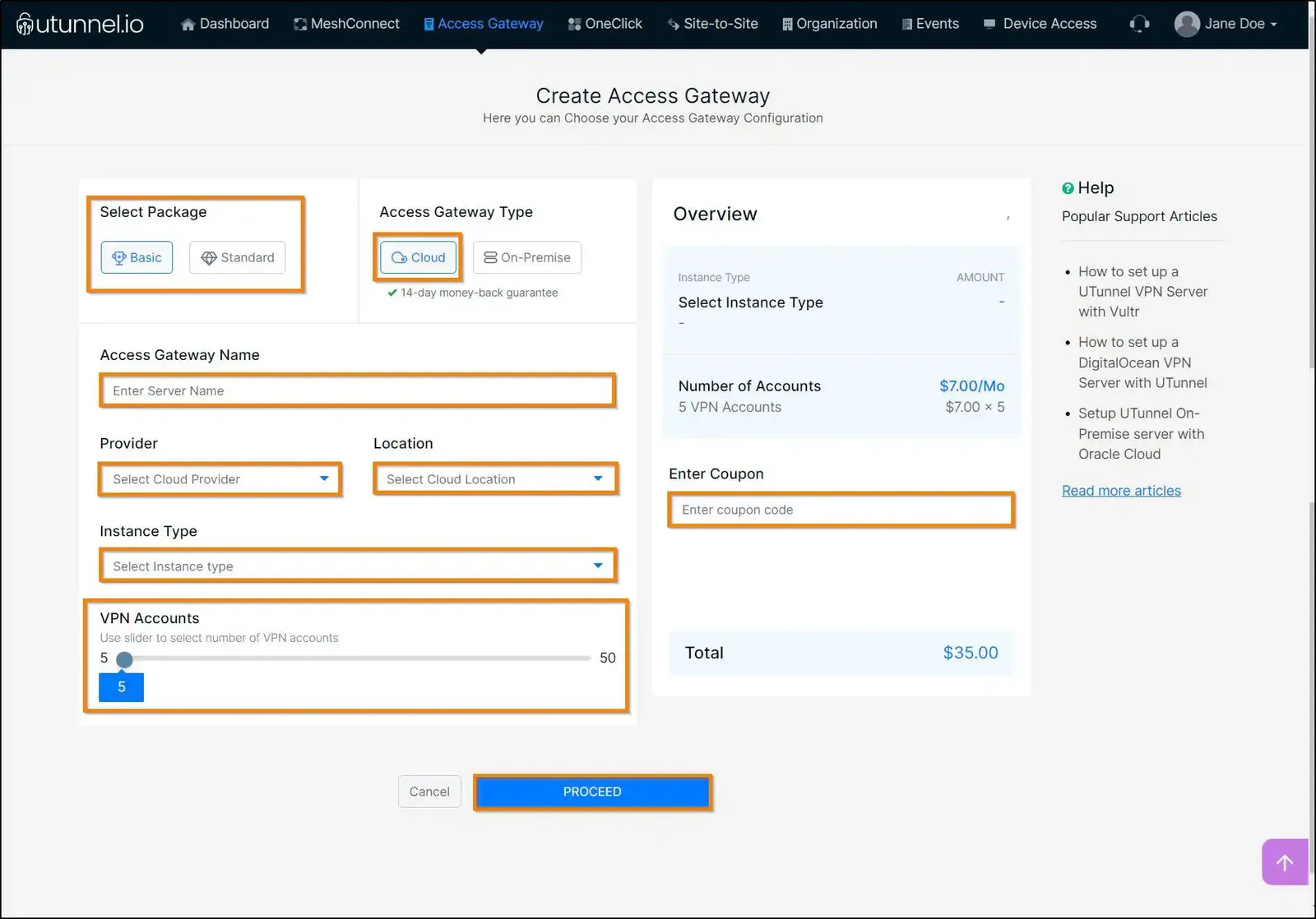 steps to deploy a cloud VPN server create server