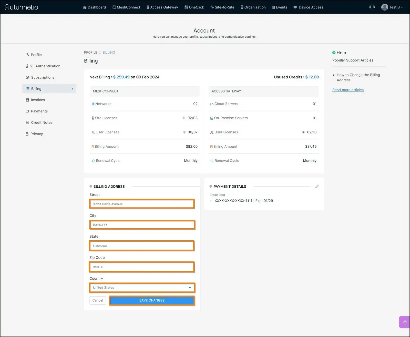 how to change the billing address billing tab