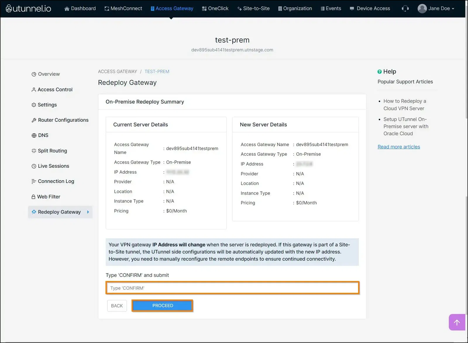 How to redeploy on-premise VPN server on-premise redeploy summary