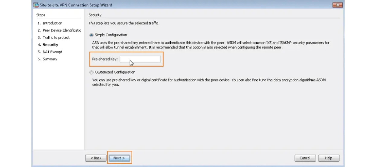 Set up site-to-site tunnel with Cisco ASA key in pre-shared key