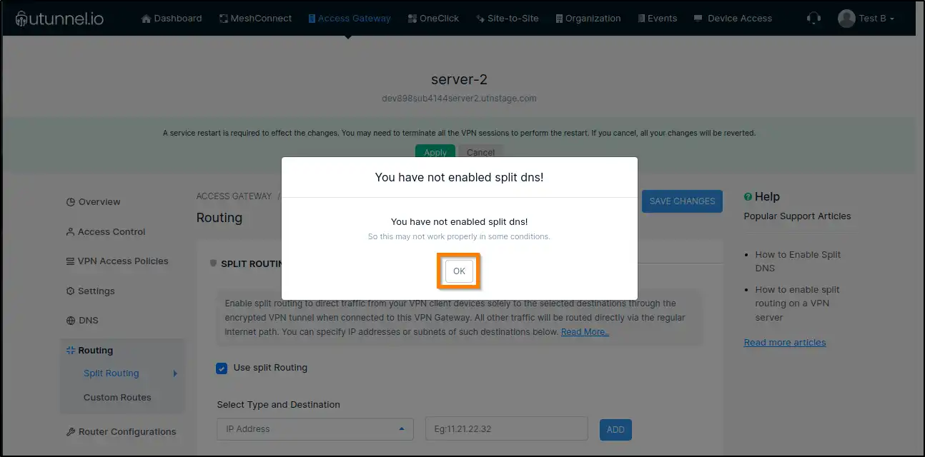 How to enable split routing on a VPN server click OK on the prompt