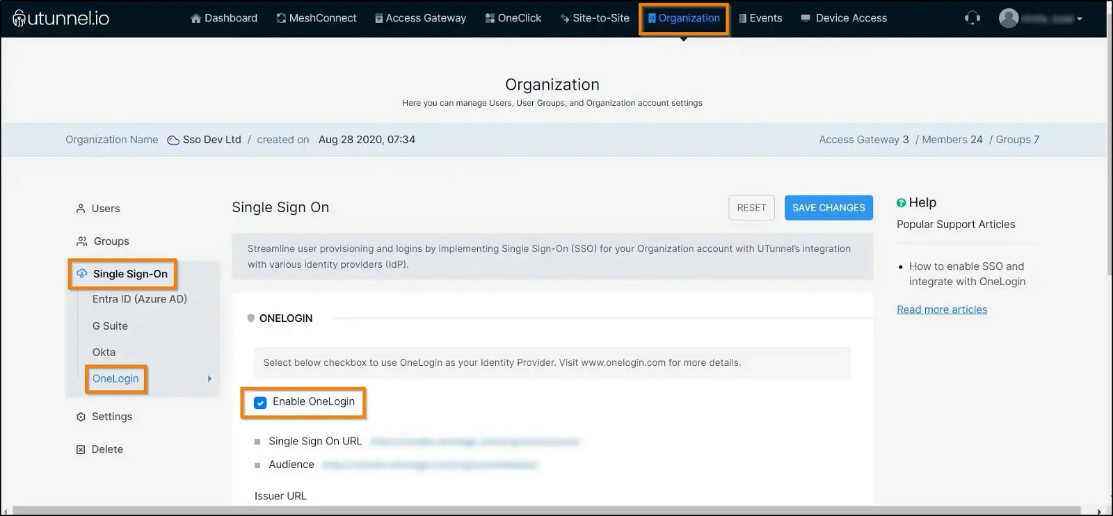 How to enable SSO and integrate with OneLogin Enable OneLogin in UTunnel