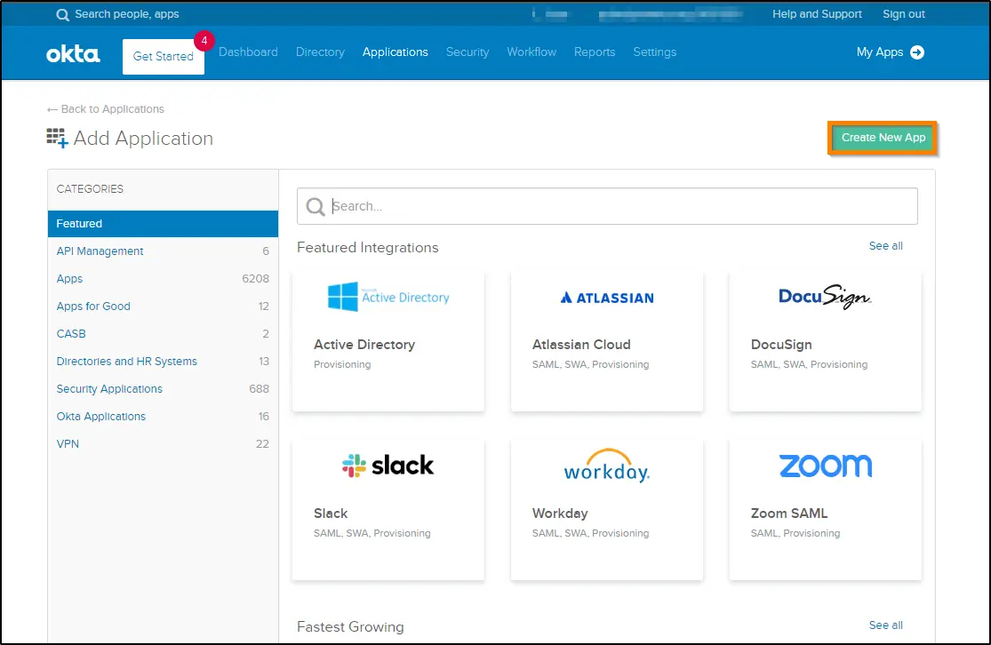 How to enable SSO and use Okta as identity provider click on Create New App
