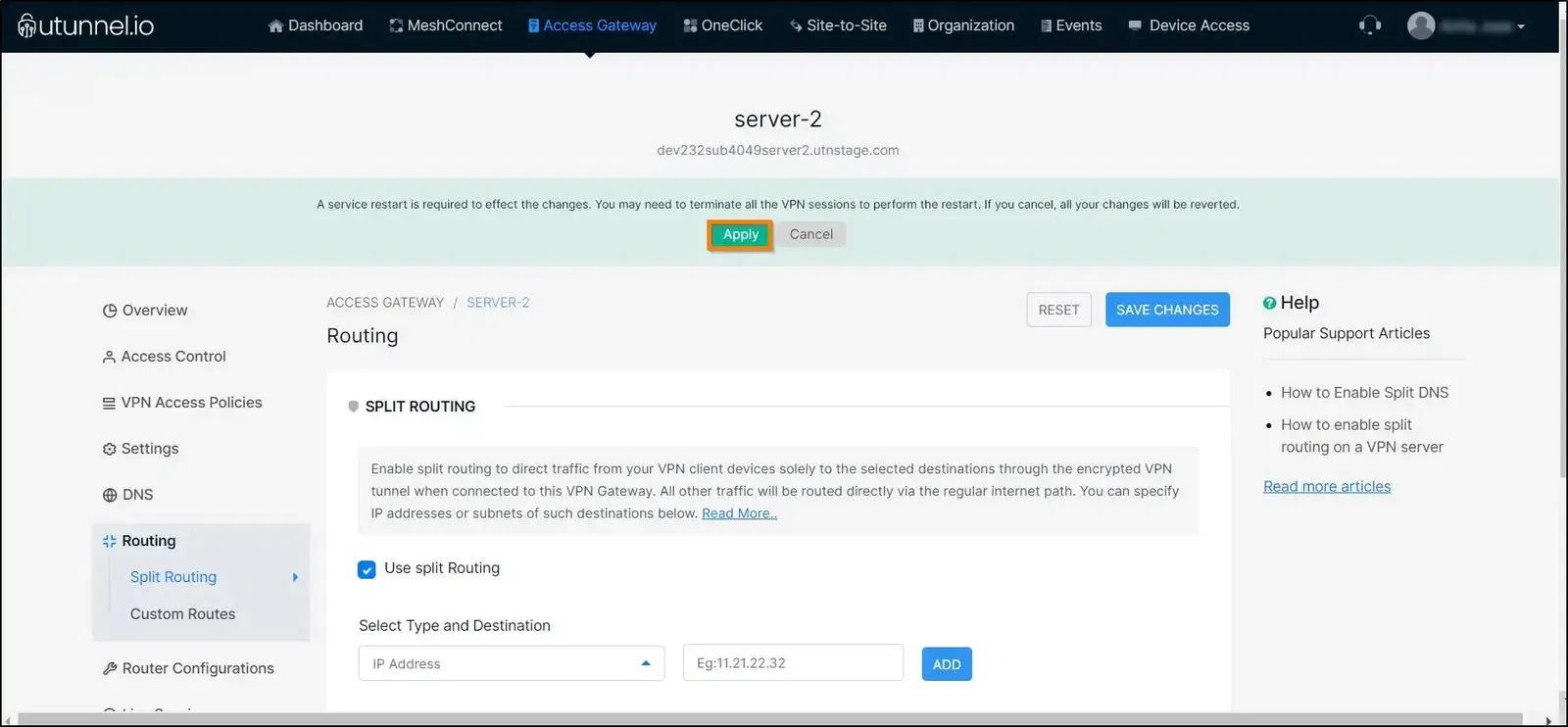 How to enable split routing on a VPN server service restart prompt