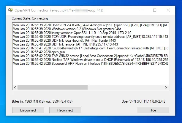 Configure UTunnel with OpenVPN client on Windows 10 window displaying VPN logs and connections