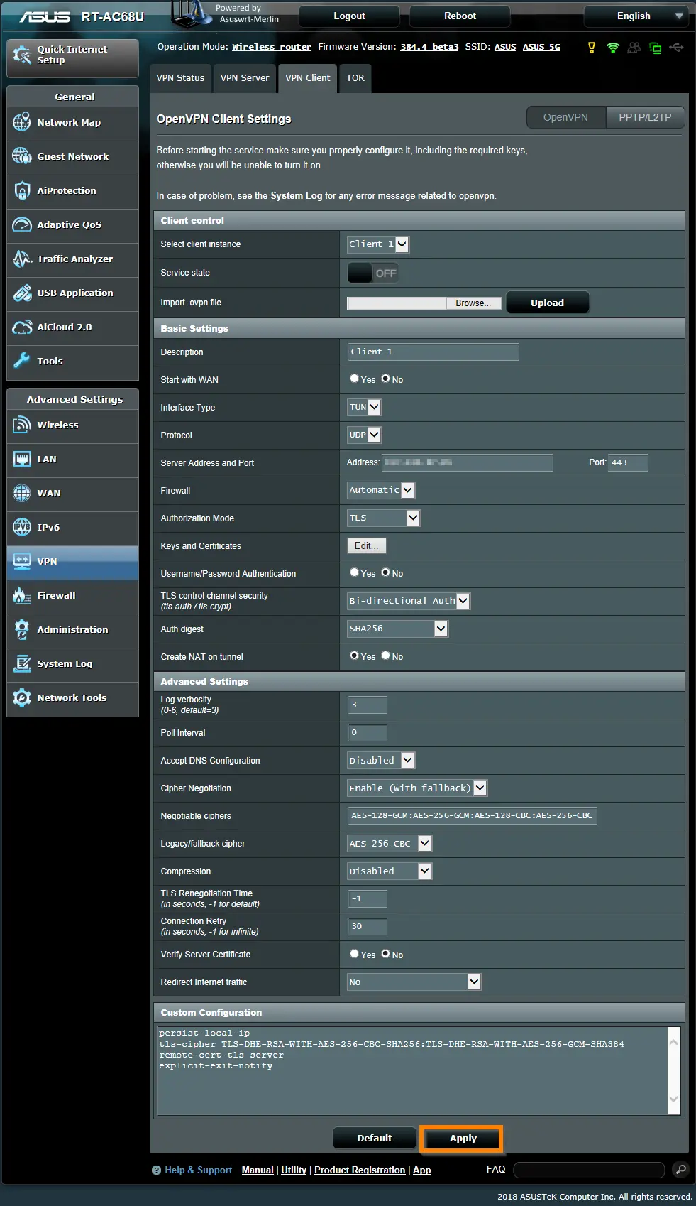 Configure UTunnel VPN on Asus Merlin router VPN client tab