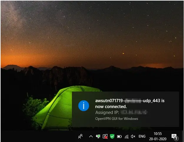 Configure UTunnel with OpenVPN client on Windows 10 pop-up notification confirming the launch of VPN connection