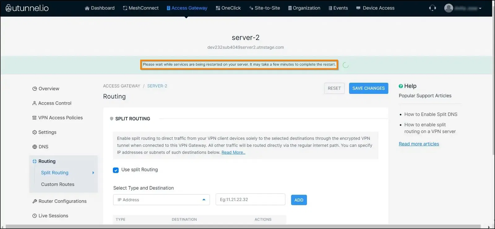 How to enable split routing on a VPN server restarting