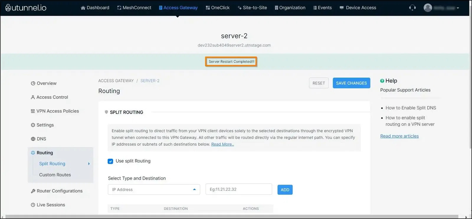 How to enable split routing on a VPN server restart completed
