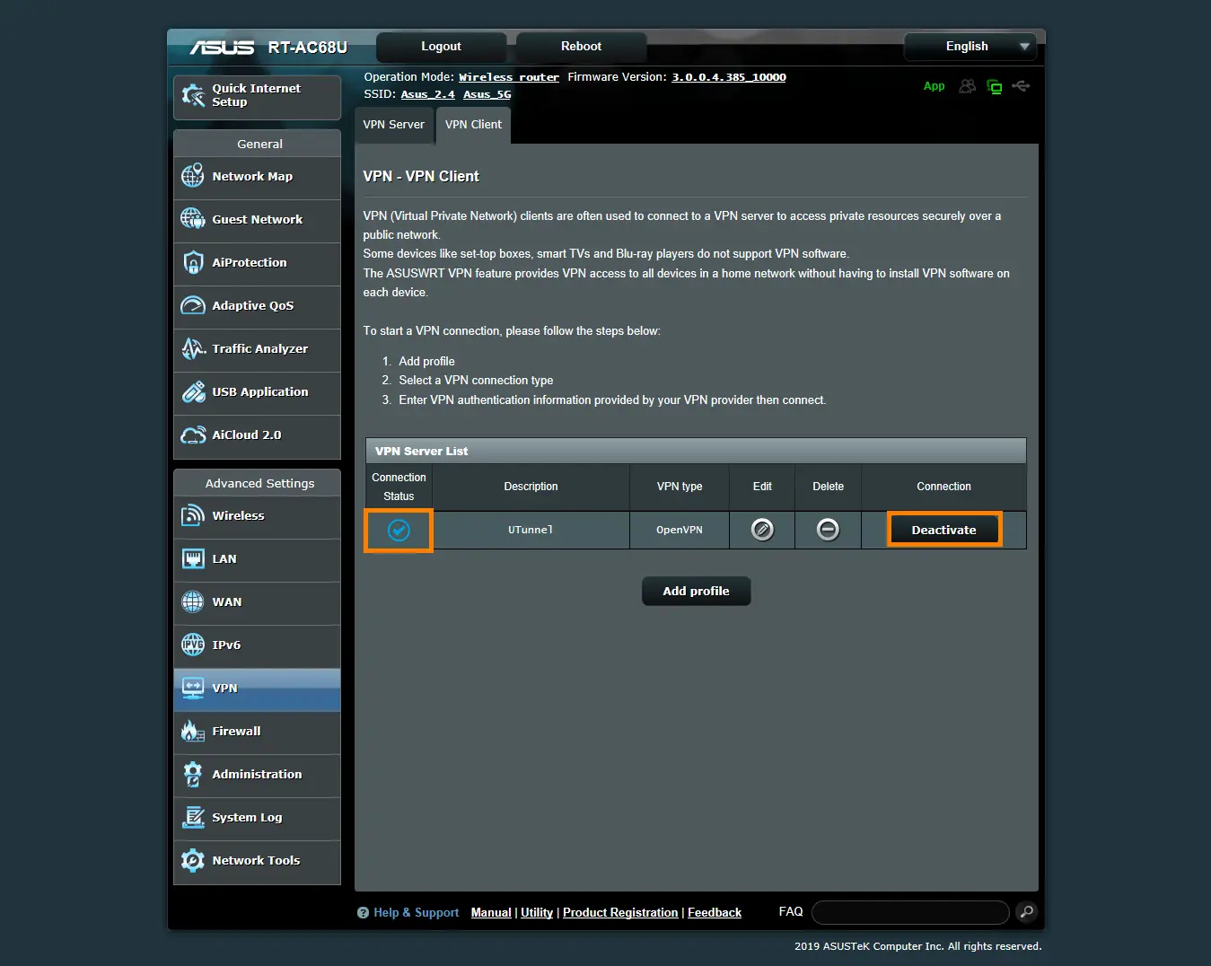 configure vpn on asus rt router vpn connection status