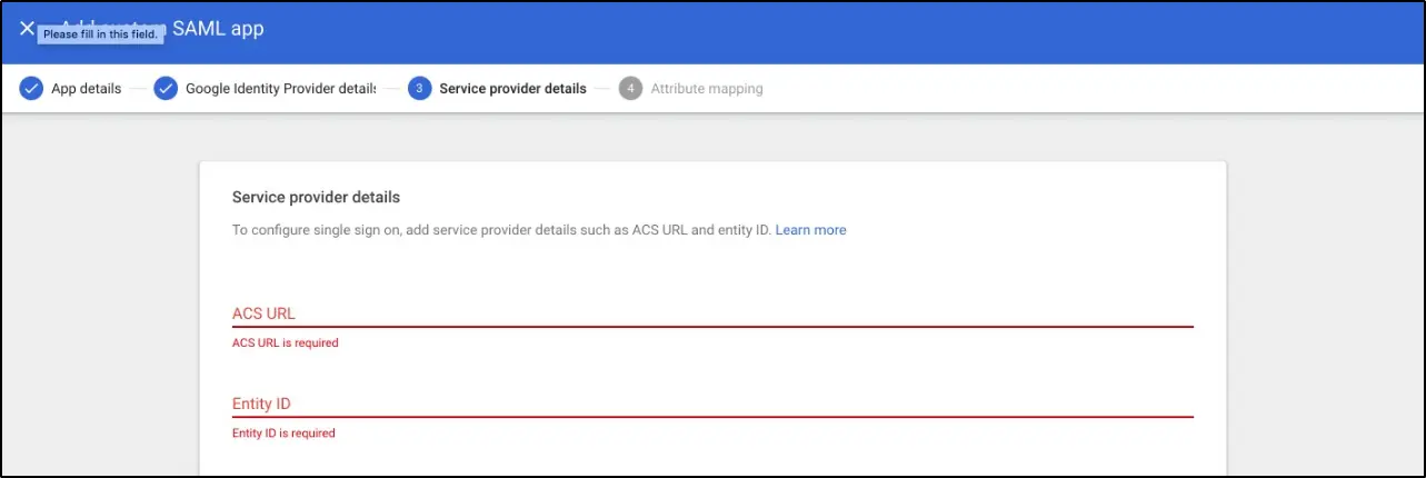 How to enable SSO and use G Suite as identity provider fill in ACS URL and Entity ID in the corresponding fields