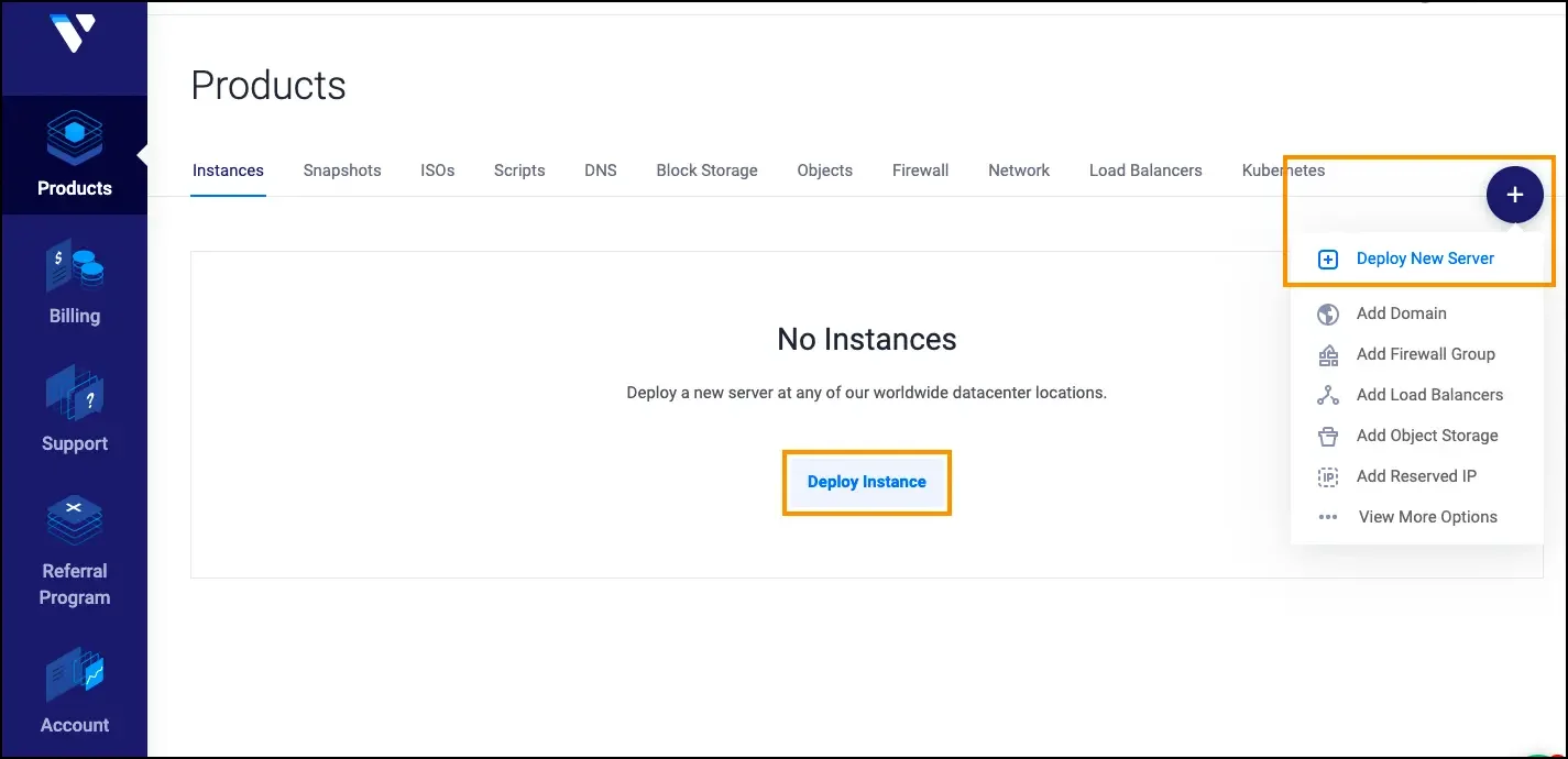How to set up a UTunnel VPN Server with Vultr click on Deploy Instance button on the Vultr dashboard