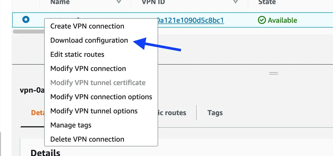 Setup site-to-site tunnel with AWS Virtual Private Gateway download VPN configuration