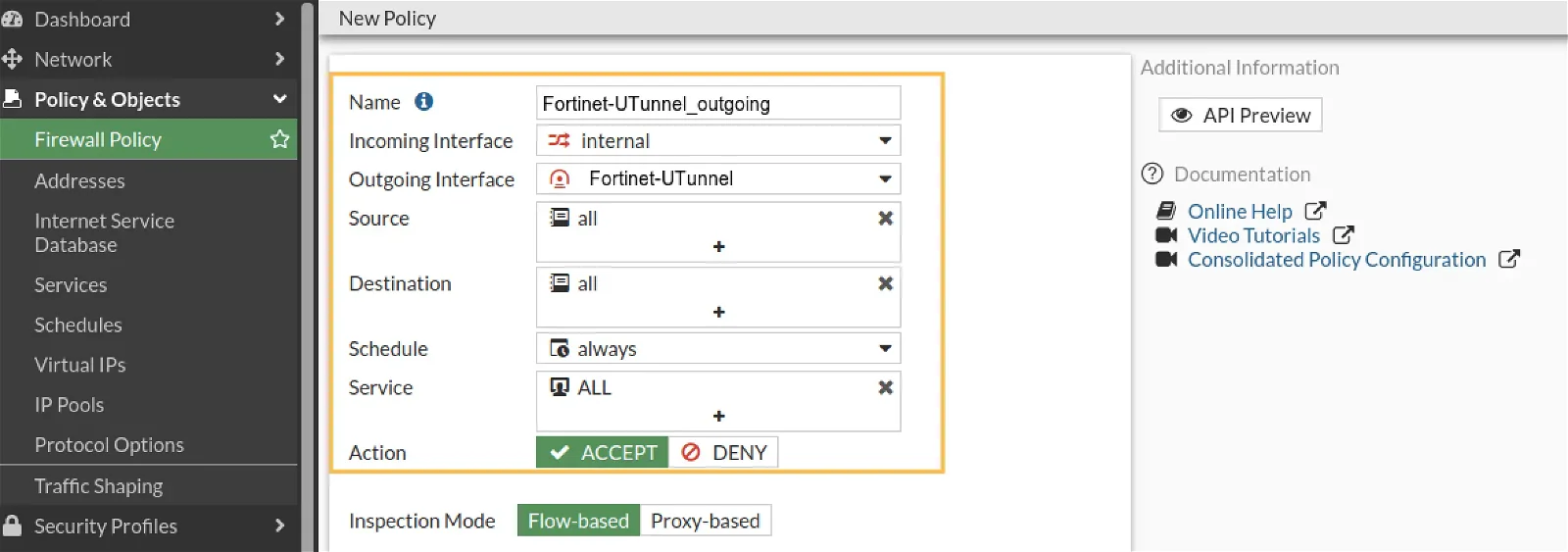 Site-to-Site tunnel with Fortinet Firewall outbound firewall rules