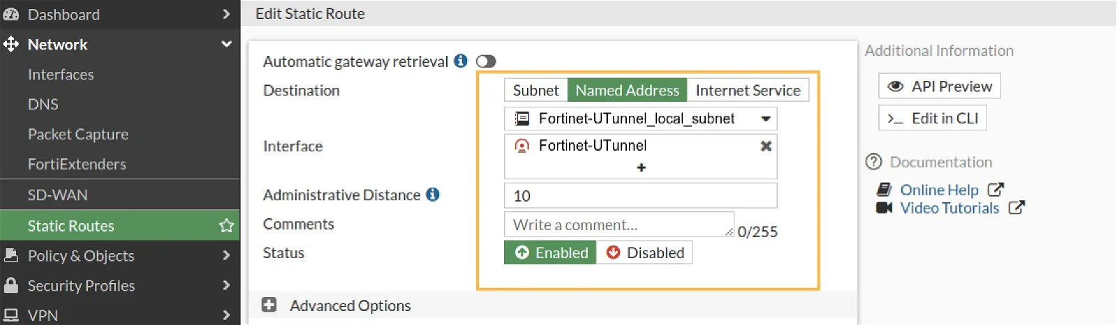 Site-to-Site tunnel with Fortinet Firewall create static route