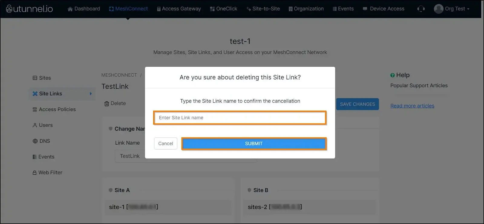 How to configure a Site Link confirm deletion of site link