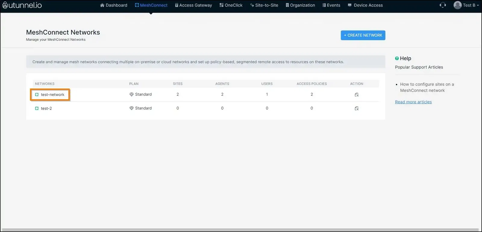 Configure access policy on a MeshConnect network overview page