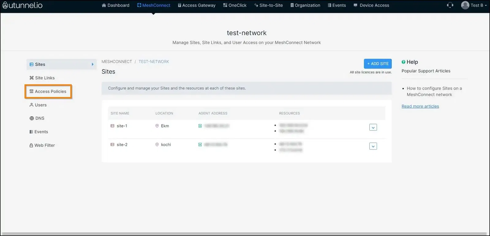 Configure access policy on a MeshConnect network navigate to access policies page