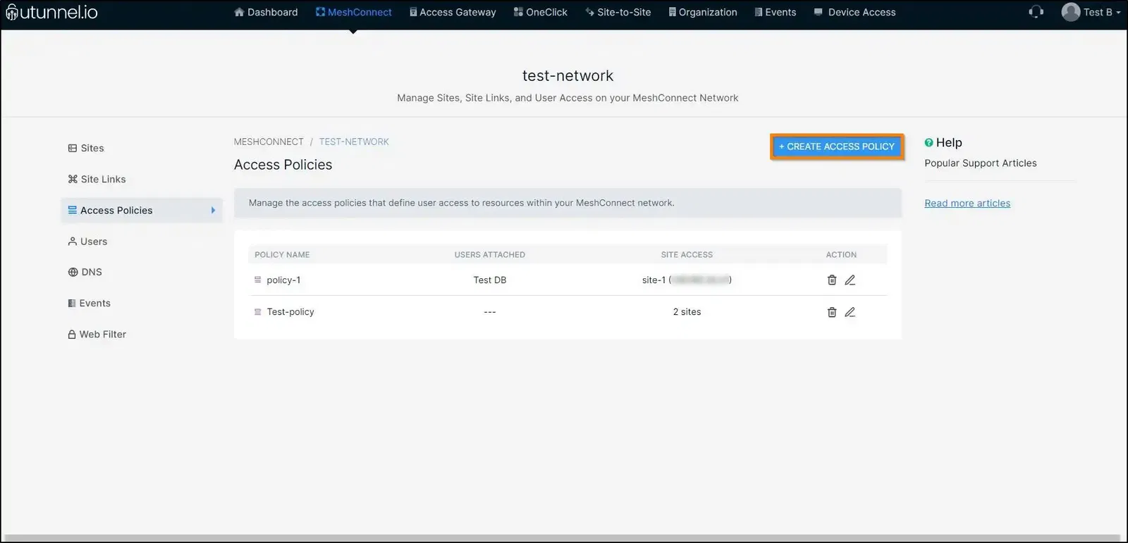 Configure access policy on a MeshConnect network add access policy