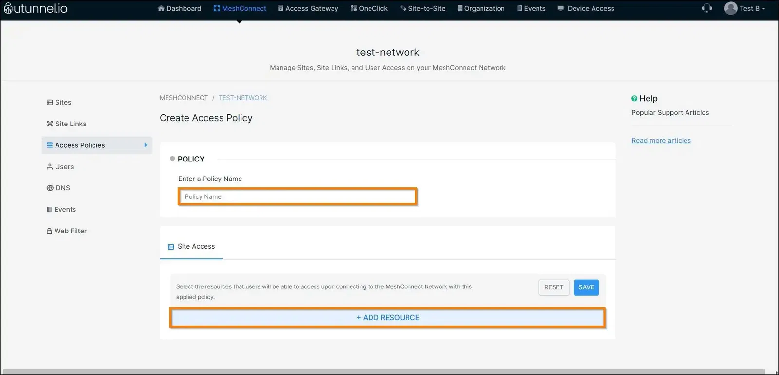 Configure access policy on a MeshConnect network creating an access policy