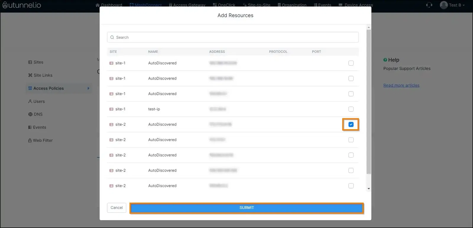 Configure access policy on a MeshConnect network editing an access policy