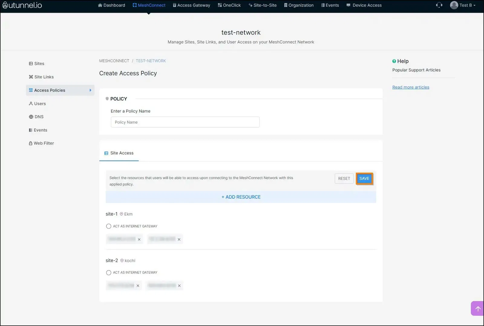 Configure access policy on a MeshConnect network deleting an access policy