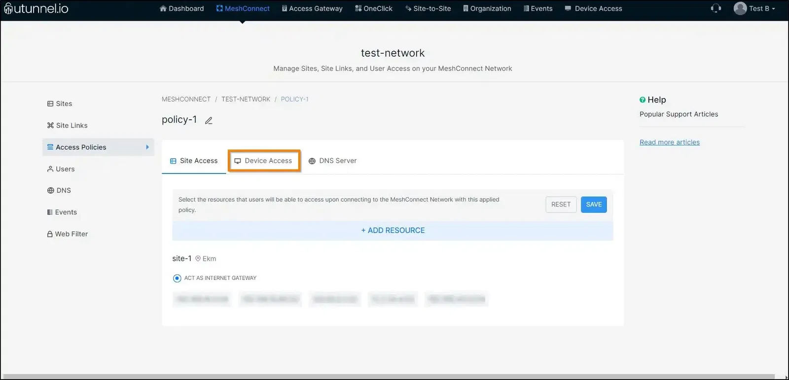 Configure access policy on a MeshConnect network confirm deletion of access policy