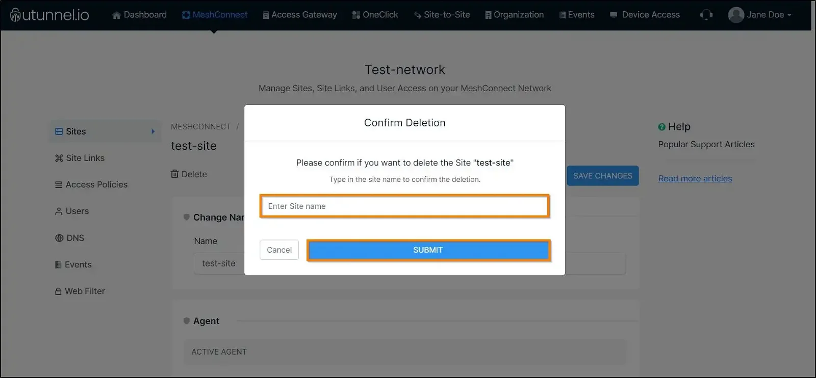 How to configure Sites on a MeshConnect network confirm deletion