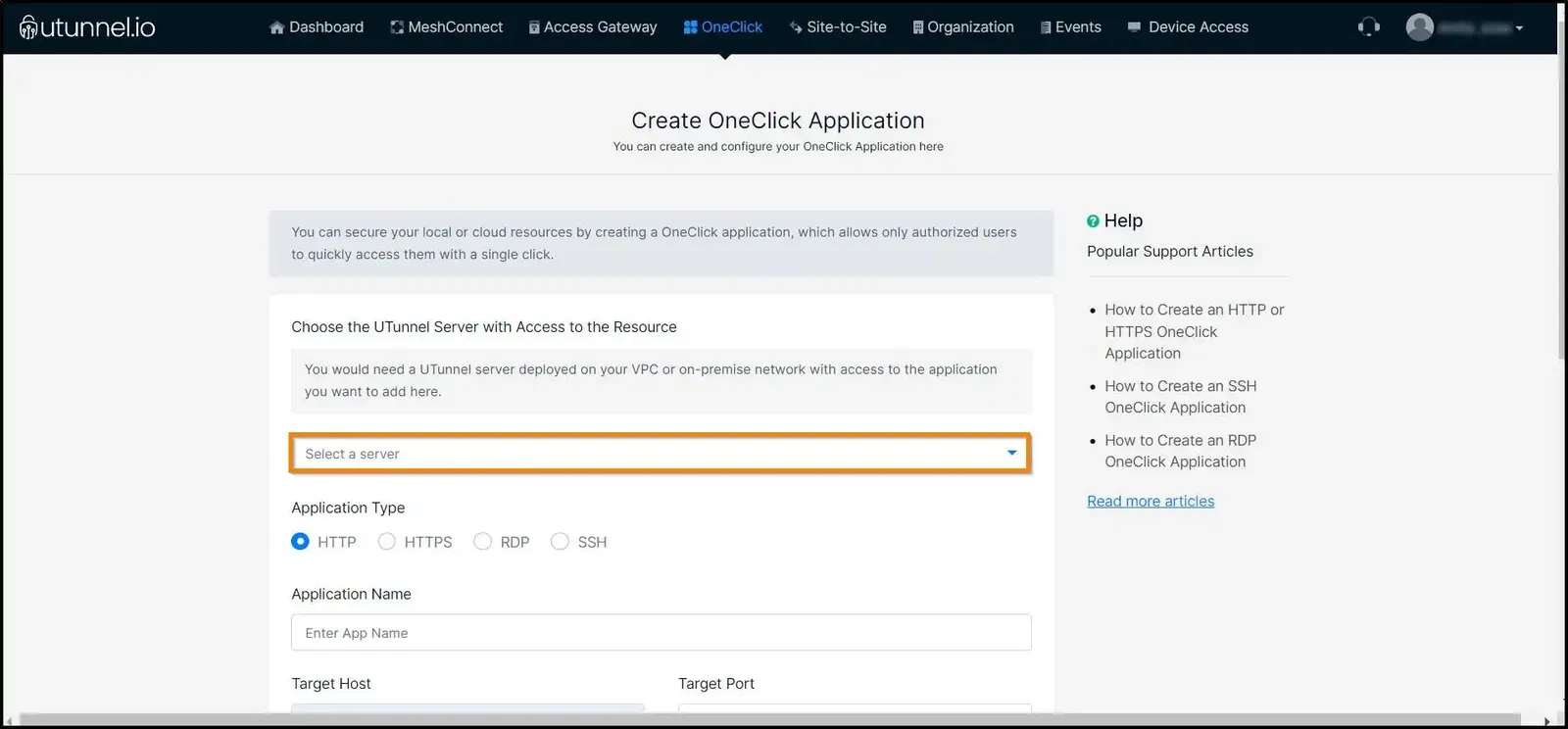 How to Create an HTTP or HTTPS OneClick Application select server